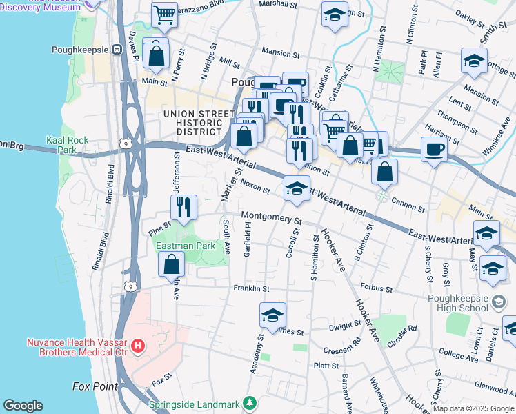 map of restaurants, bars, coffee shops, grocery stores, and more near 72 Montgomery Street in Poughkeepsie