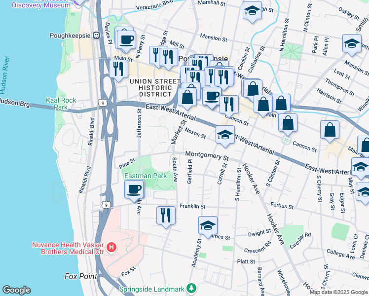 map of restaurants, bars, coffee shops, grocery stores, and more near 105 Market Street in Poughkeepsie