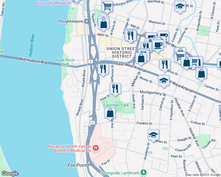 map of restaurants, bars, coffee shops, grocery stores, and more near 22 Montgomery Street in Poughkeepsie
