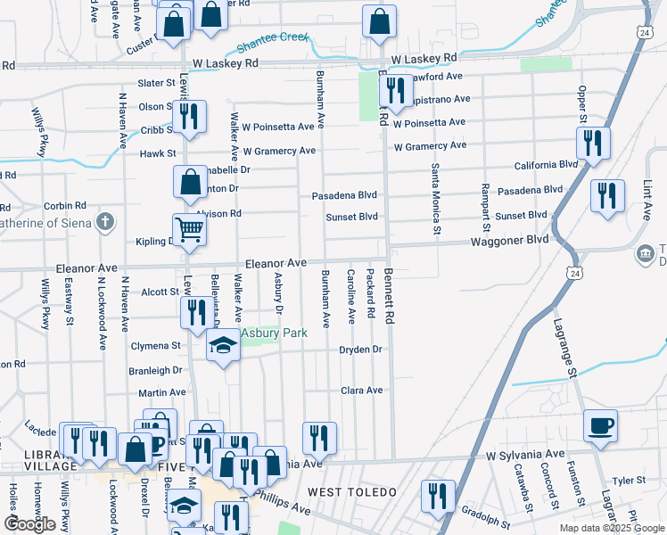 map of restaurants, bars, coffee shops, grocery stores, and more near 625 Eleanor Avenue in Toledo