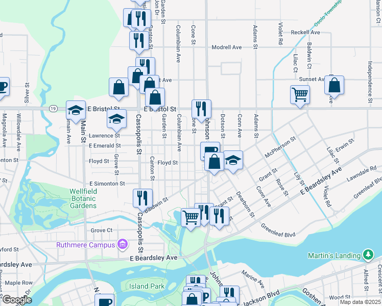 map of restaurants, bars, coffee shops, grocery stores, and more near 1248 Columbian Avenue in Elkhart
