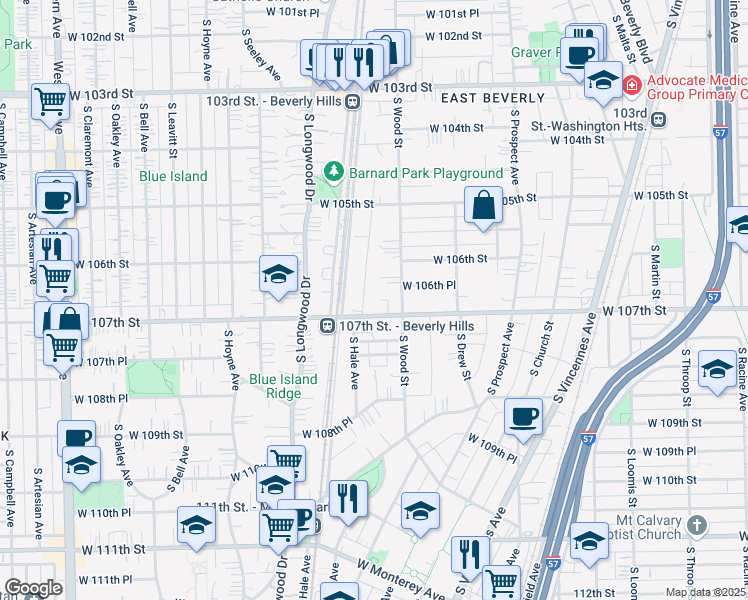 map of restaurants, bars, coffee shops, grocery stores, and more near 10628 South Wood Street in Chicago