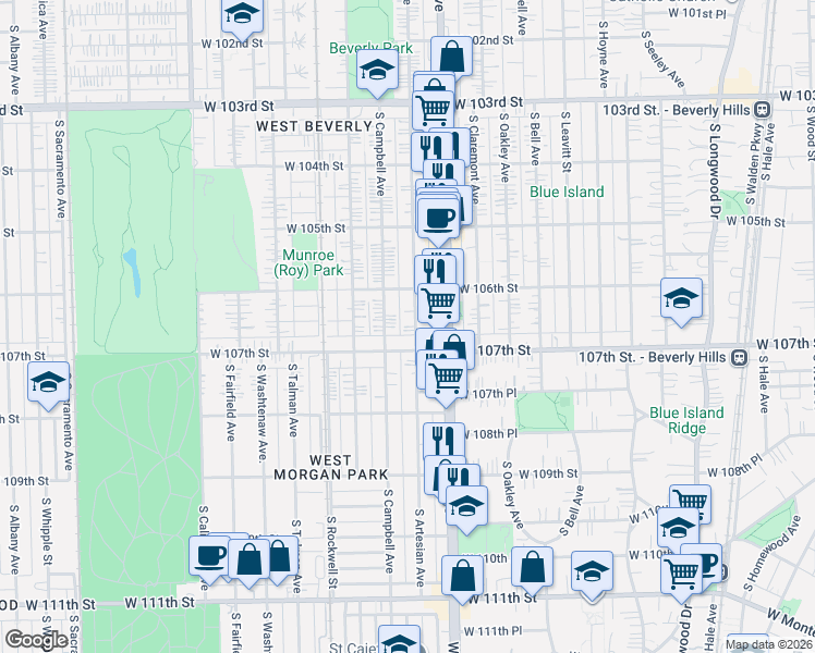 map of restaurants, bars, coffee shops, grocery stores, and more near 10631 South Artesian Avenue in Chicago