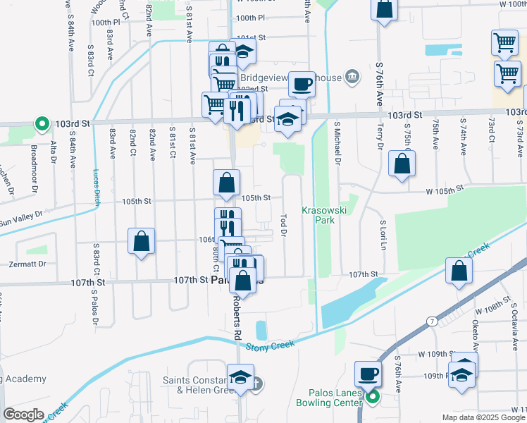 map of restaurants, bars, coffee shops, grocery stores, and more near 10532 Palos Place in Palos Hills