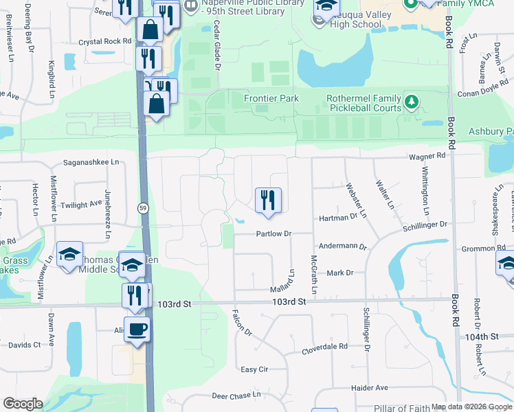 map of restaurants, bars, coffee shops, grocery stores, and more near 3635 Lime Light Dr in Naperville