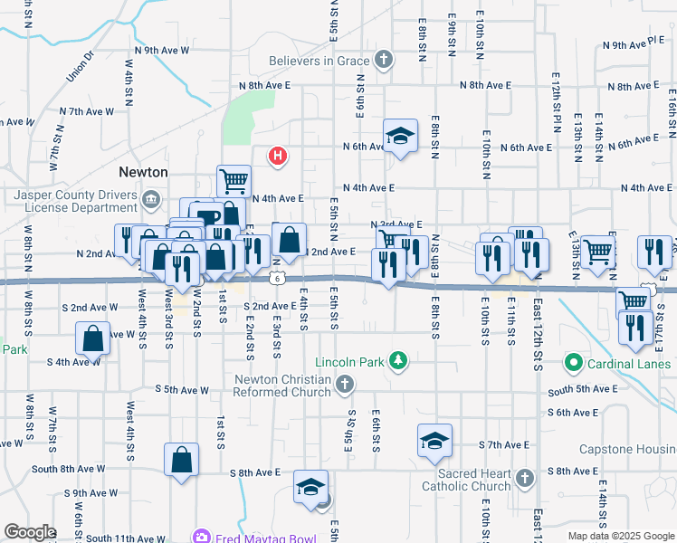 map of restaurants, bars, coffee shops, grocery stores, and more near 502 1st Avenue East in Newton