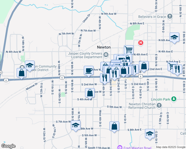 map of restaurants, bars, coffee shops, grocery stores, and more near 421 North 2nd Avenue West in Newton