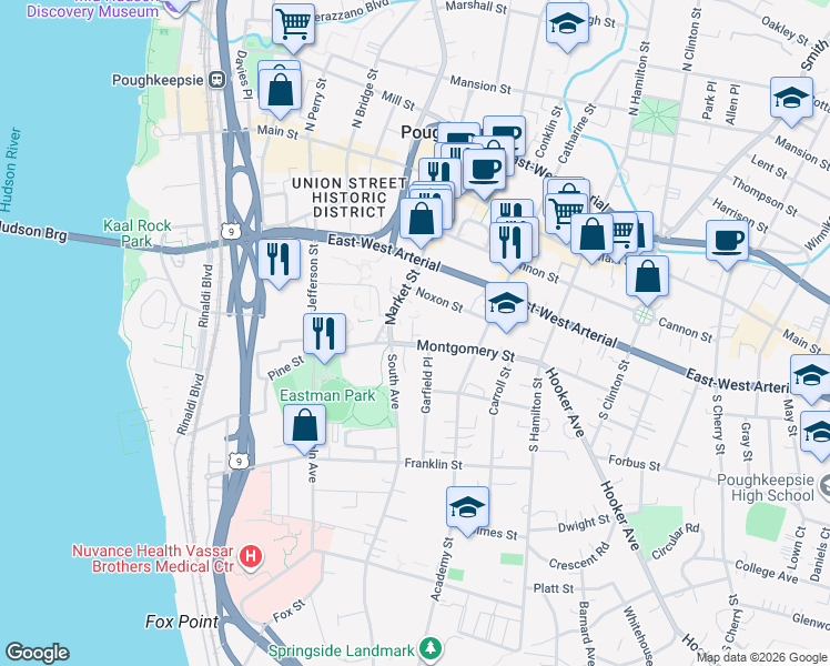map of restaurants, bars, coffee shops, grocery stores, and more near 105 Market Street in Poughkeepsie