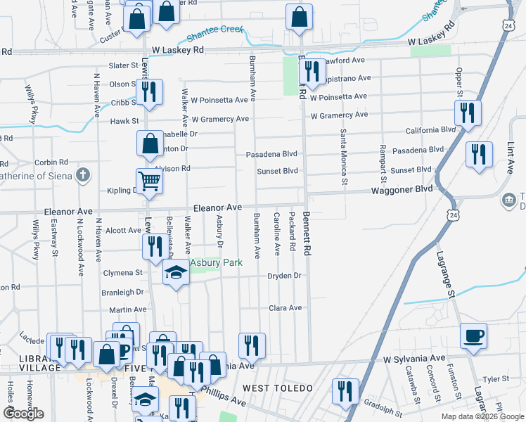 map of restaurants, bars, coffee shops, grocery stores, and more near 625 Eleanor Avenue in Toledo