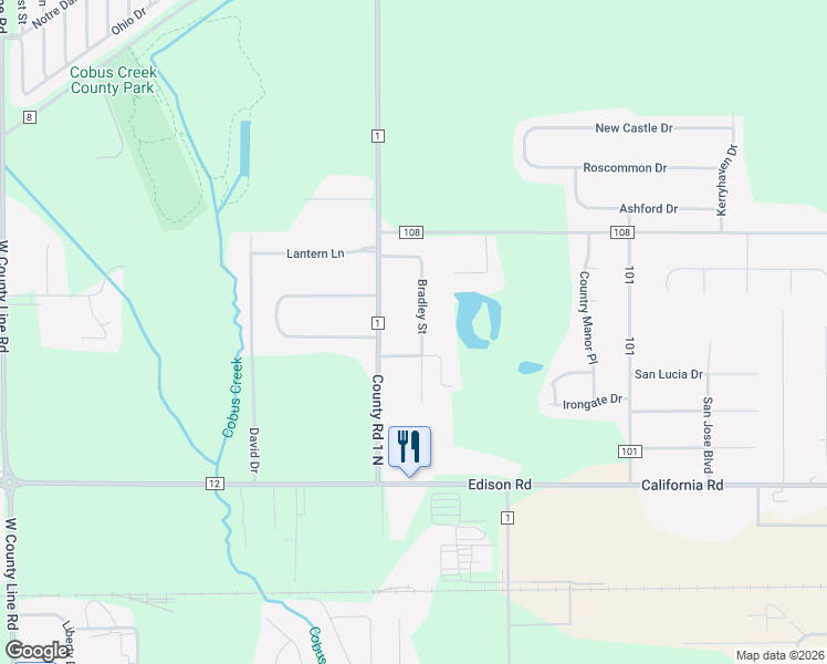 map of restaurants, bars, coffee shops, grocery stores, and more near 54689 Bradley Street in Elkhart