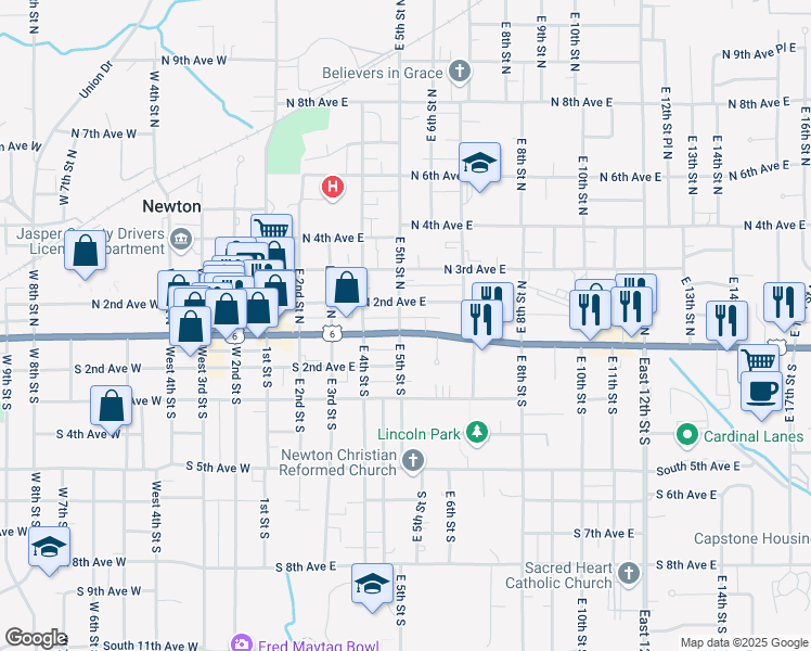map of restaurants, bars, coffee shops, grocery stores, and more near 502 1st Avenue East in Newton