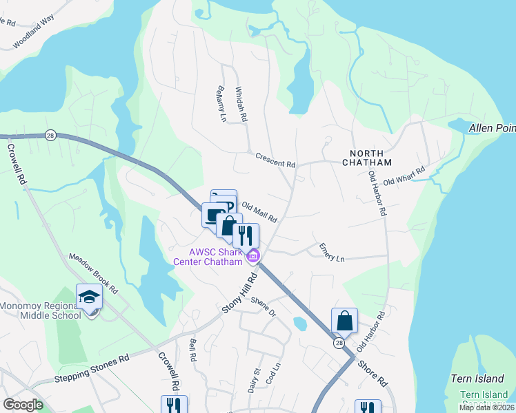 map of restaurants, bars, coffee shops, grocery stores, and more near 63 Old Mail Road in Chatham