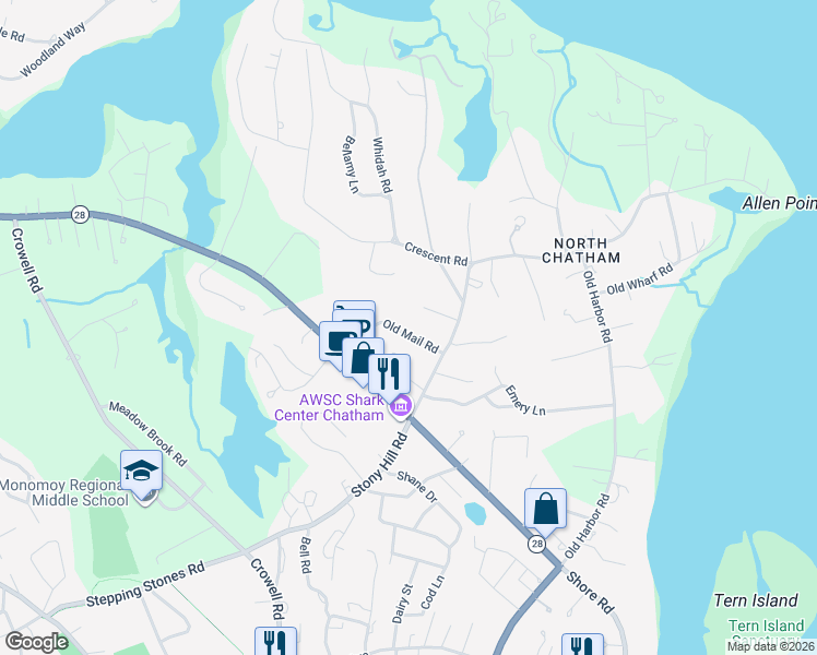 map of restaurants, bars, coffee shops, grocery stores, and more near 63 Old Mail Road in Chatham