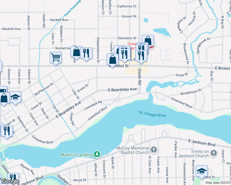 map of restaurants, bars, coffee shops, grocery stores, and more near 1765 E Beardsley Ave in Elkhart