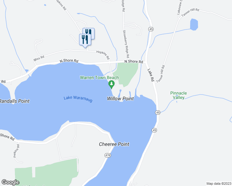 map of restaurants, bars, coffee shops, grocery stores, and more near 10 North Shore Road in Warren