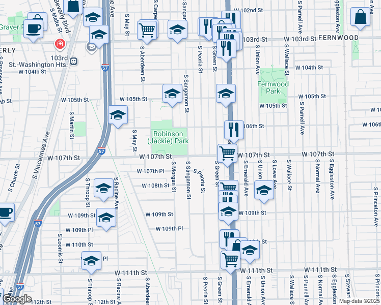 map of restaurants, bars, coffee shops, grocery stores, and more near 10655 South Sangamon Street in Chicago