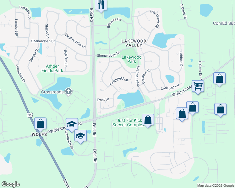 map of restaurants, bars, coffee shops, grocery stores, and more near 2547 Dickens Drive in Aurora