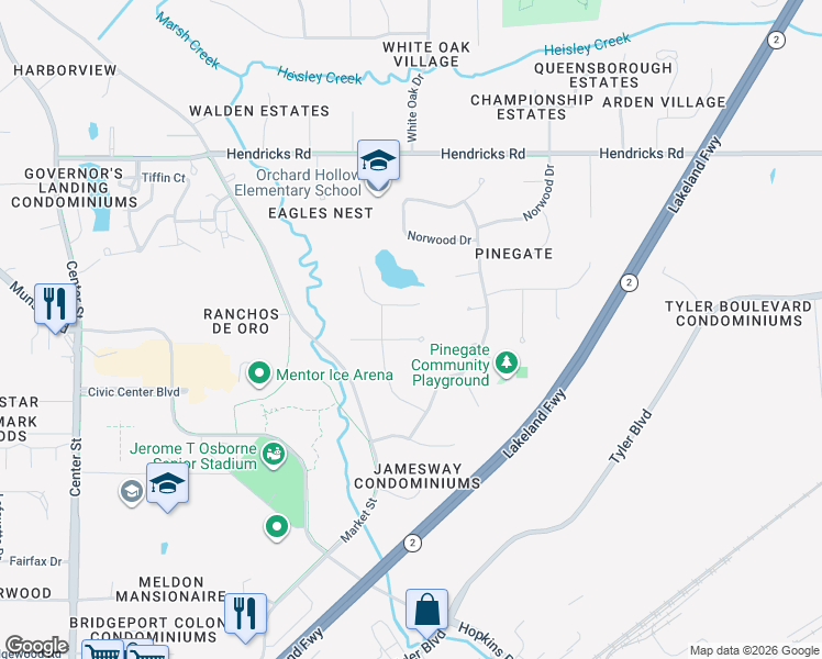 map of restaurants, bars, coffee shops, grocery stores, and more near 8765 Cliffwood Court East in Mentor