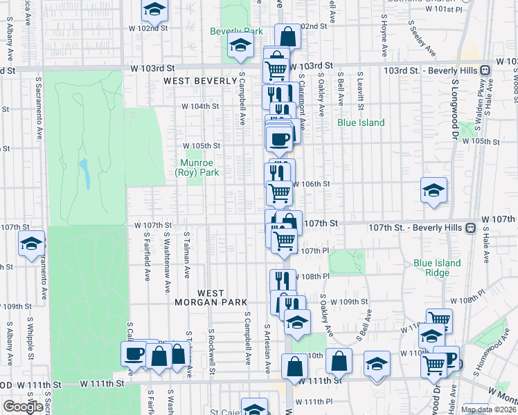 map of restaurants, bars, coffee shops, grocery stores, and more near 10631 South Artesian Avenue in Chicago