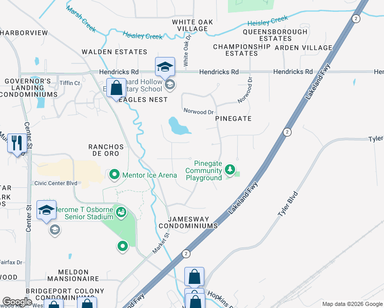 map of restaurants, bars, coffee shops, grocery stores, and more near 8765 Cliffwood Court East in Mentor