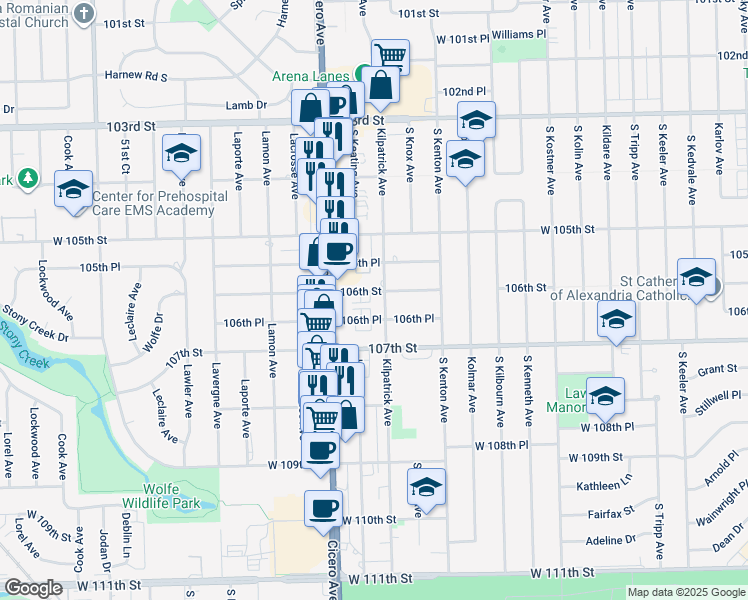 map of restaurants, bars, coffee shops, grocery stores, and more near 4705 West 106th Street in Oak Lawn