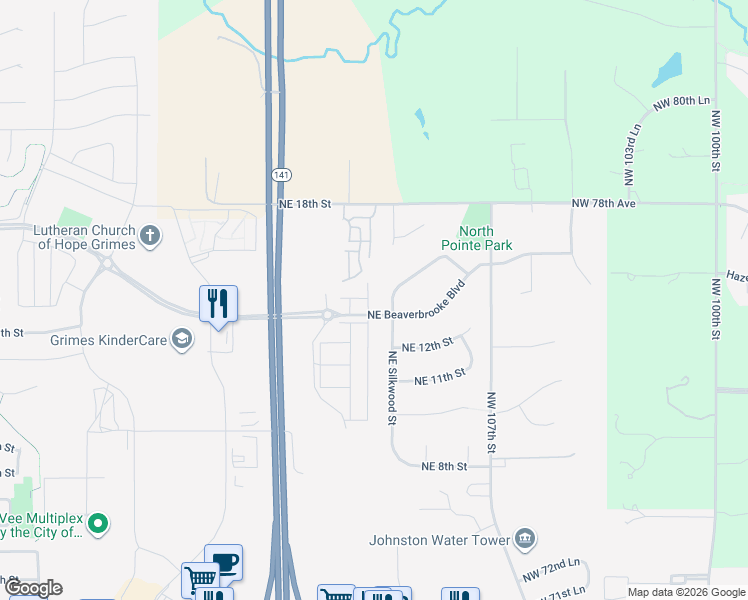map of restaurants, bars, coffee shops, grocery stores, and more near 1521 Mocking Bird Lane in Grimes