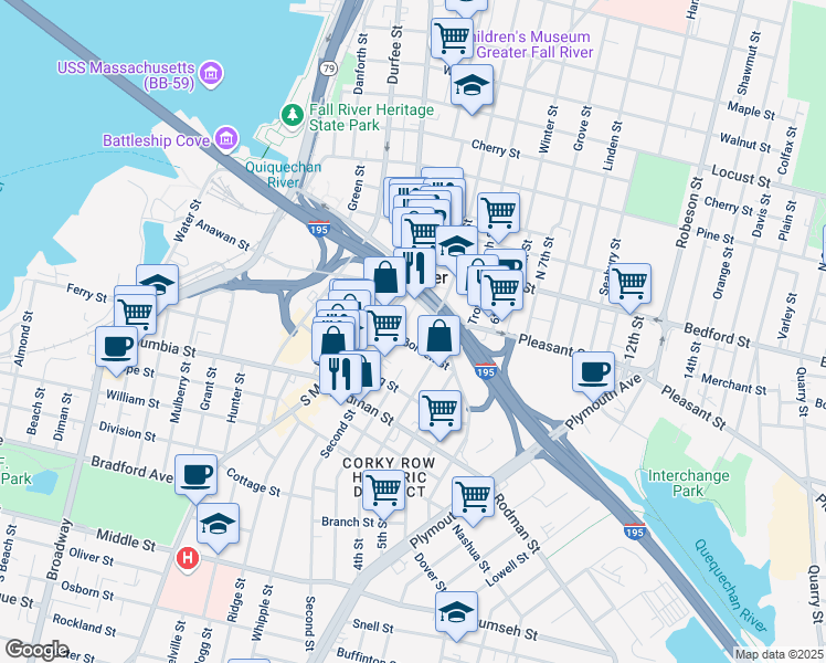 map of restaurants, bars, coffee shops, grocery stores, and more near 157 Third Street in Fall River