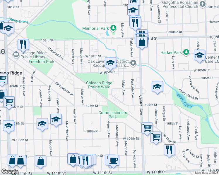 map of restaurants, bars, coffee shops, grocery stores, and more near 5746 106th Street in Chicago Ridge
