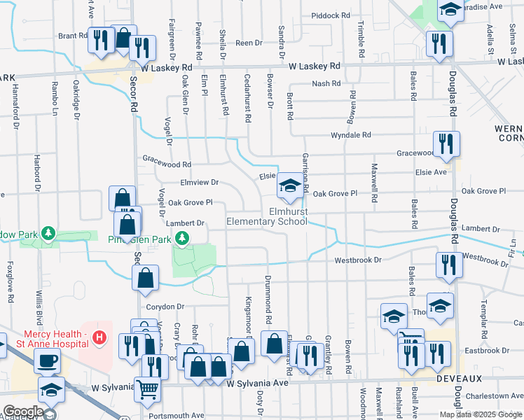 map of restaurants, bars, coffee shops, grocery stores, and more near 4530 Elmhurst Road in Toledo