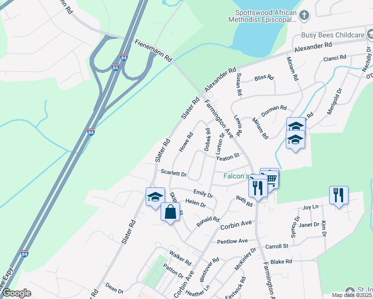 map of restaurants, bars, coffee shops, grocery stores, and more near 23 Malikowski Circle in New Britain
