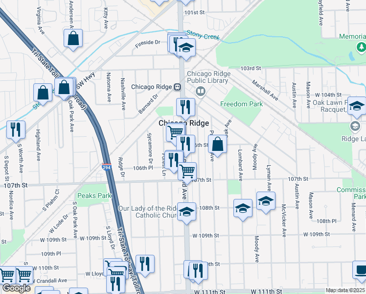 map of restaurants, bars, coffee shops, grocery stores, and more near 10600 Ridgeland Avenue in Chicago Ridge