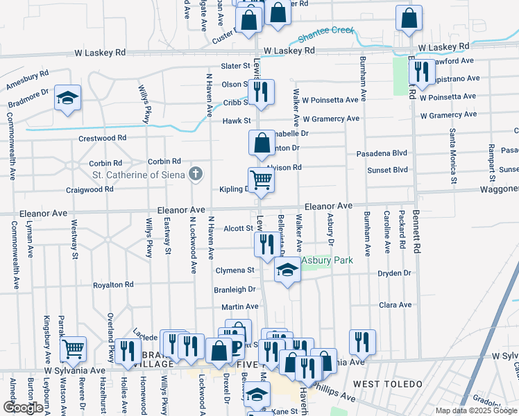 map of restaurants, bars, coffee shops, grocery stores, and more near Lewis Ave & Eleanor Ave in Toledo