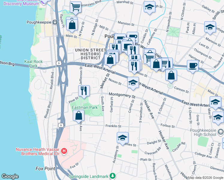 map of restaurants, bars, coffee shops, grocery stores, and more near 64 Montgomery Street in Poughkeepsie