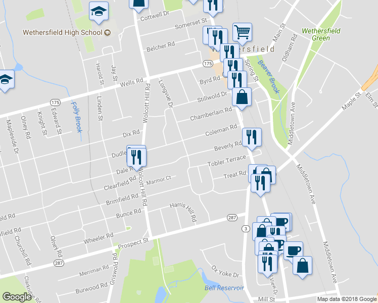 map of restaurants, bars, coffee shops, grocery stores, and more near 93 Beverly Road in Wethersfield