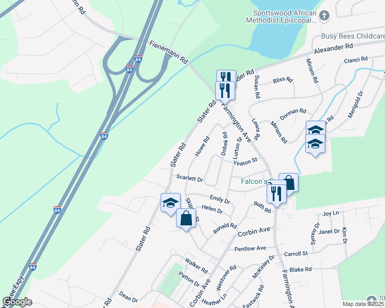 map of restaurants, bars, coffee shops, grocery stores, and more near 101 Howe Road in New Britain