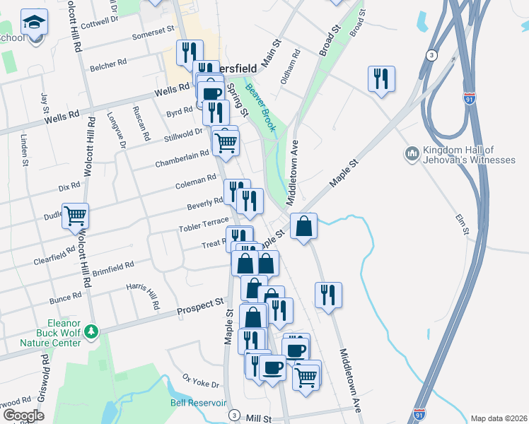 map of restaurants, bars, coffee shops, grocery stores, and more near 191 Spring Street in Wethersfield