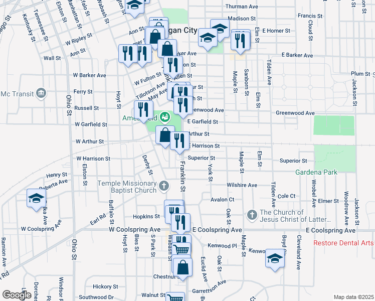 map of restaurants, bars, coffee shops, grocery stores, and more near 101-199 E Harrison St in Michigan City