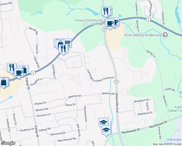 map of restaurants, bars, coffee shops, grocery stores, and more near 80 Farmington Chase Crescent in Farmington