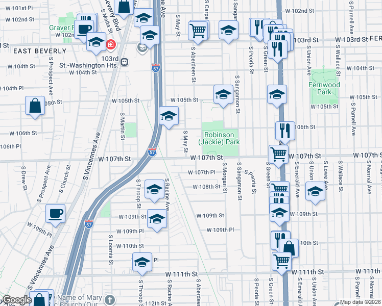map of restaurants, bars, coffee shops, grocery stores, and more near 10653 South May Street in Chicago