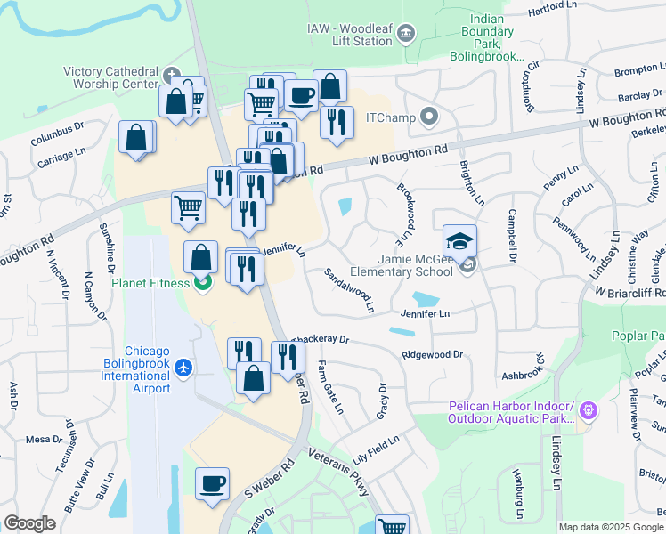 map of restaurants, bars, coffee shops, grocery stores, and more near 164 Sandalwood Lane in Bolingbrook