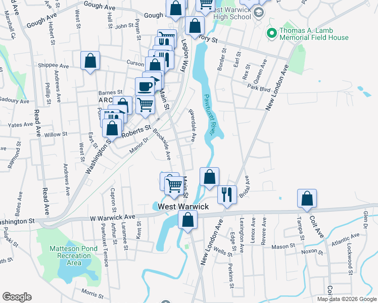 map of restaurants, bars, coffee shops, grocery stores, and more near 40 Epworth Avenue in West Warwick