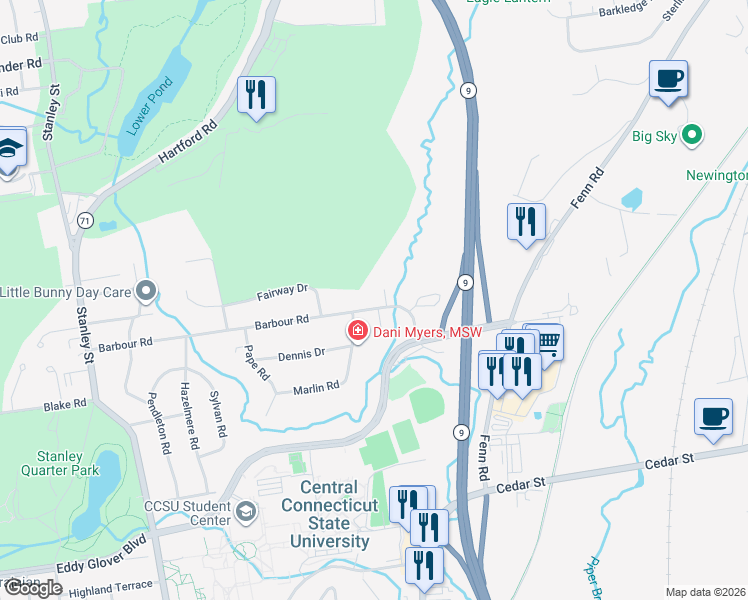 map of restaurants, bars, coffee shops, grocery stores, and more near 340 Barbour Road in New Britain