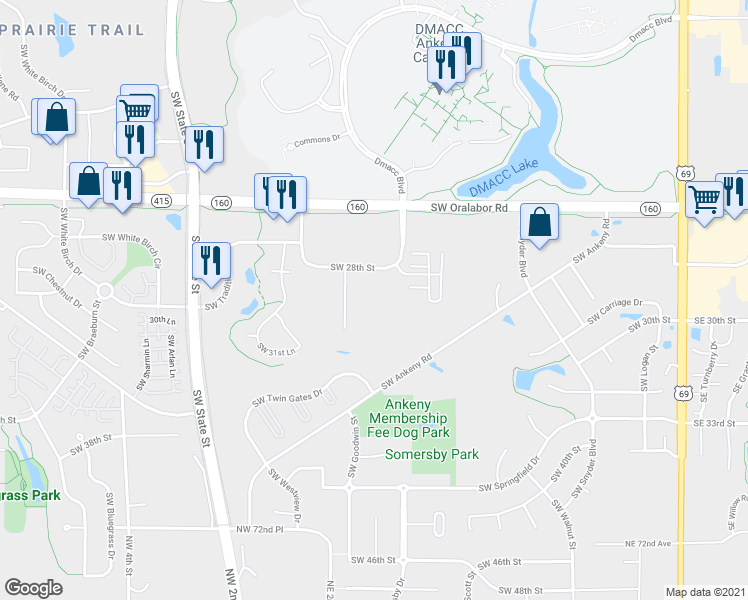 map of restaurants, bars, coffee shops, grocery stores, and more near 1007 Southwest 28th Street in Ankeny