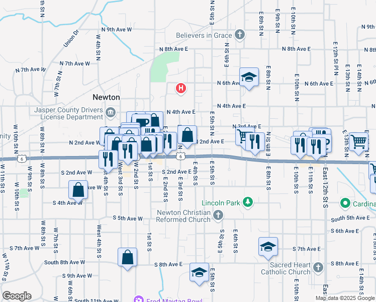 map of restaurants, bars, coffee shops, grocery stores, and more near 301 North 2nd Avenue East in Newton