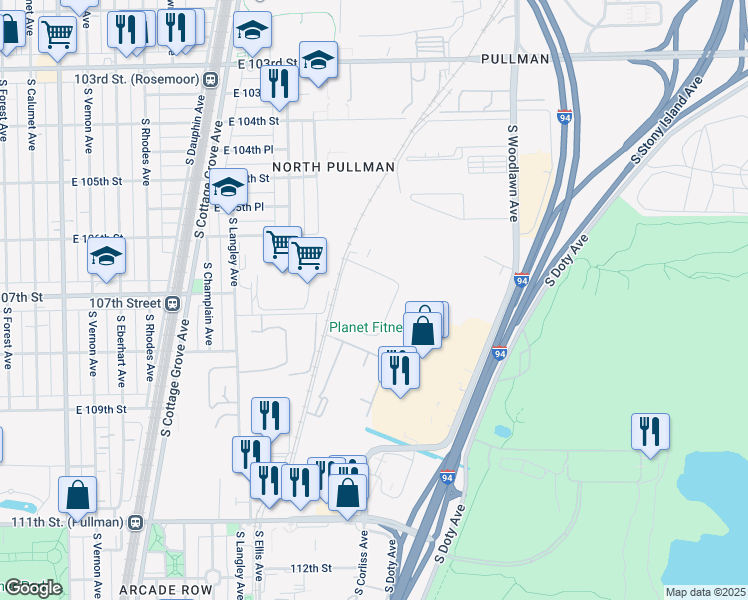 map of restaurants, bars, coffee shops, grocery stores, and more near 716 East 111th Street in Chicago