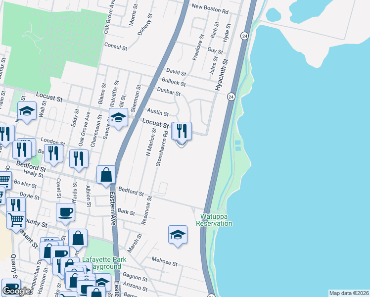map of restaurants, bars, coffee shops, grocery stores, and more near 251 Stonehaven Road in Fall River