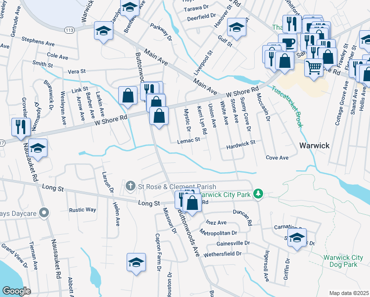 map of restaurants, bars, coffee shops, grocery stores, and more near 91 Mystic Drive in Warwick