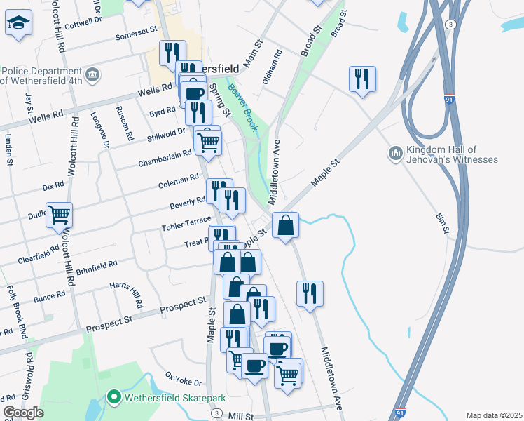 map of restaurants, bars, coffee shops, grocery stores, and more near 191 Spring Street in Wethersfield