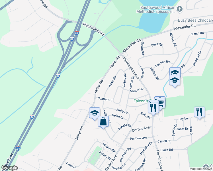 map of restaurants, bars, coffee shops, grocery stores, and more near 101 Howe Road in New Britain