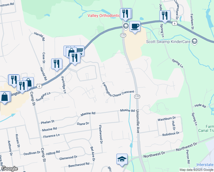 map of restaurants, bars, coffee shops, grocery stores, and more near 80 Farmington Chase Crescent in Farmington